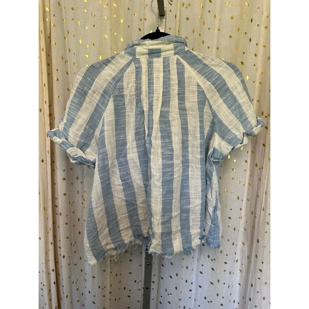 Free People We The Free Away At Sea Frayed Hem Button Down Striped Top L